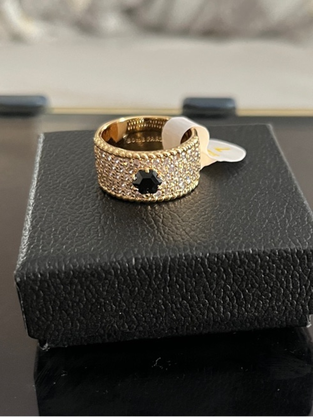 Bomb Party! Gold Pavé Wide Band Ring with Black Center Stone